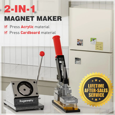 DIY Fridge Magnet Kit 2.5x2.5 Inch, 2-In-1 Magnet Maker And Cutter, machine and fridge with photo magnets displayed