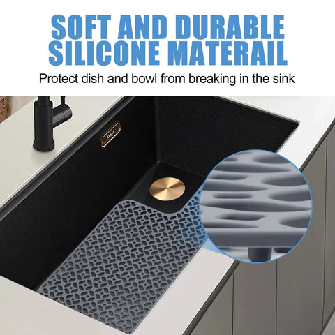 Silicone Kitchen Sink Mat With Raised Feet For Left And Right Drains, Non Slip Heat Resistant Grid Protector in sink, close-up