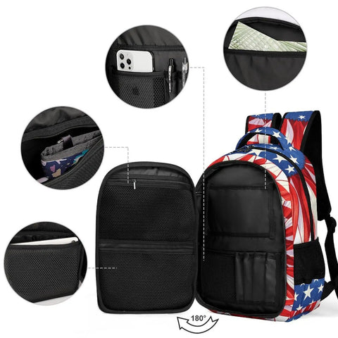 USA Flag Sunflower Printed Unisex Backpack with Large Capacity Durable Polyester Daypack open with pockets visible