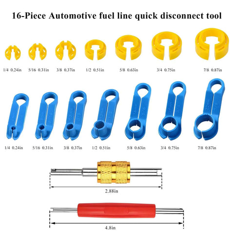 16 Piece Fuel Line And Transmission Quick Disconnect Tool Set For Cars With various size fittings displayed in blue and yellow.