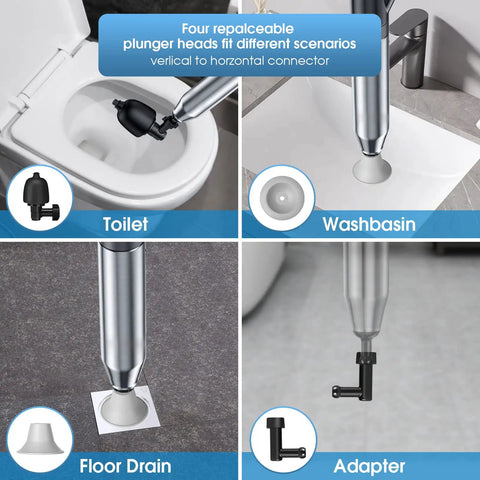Heavy Duty Toilet Plunger With Air Pressure Boost Workhorse Clog Remover All Purpose Bathroom Plunger Set in use with attachments.