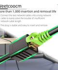Close-up of Cat6a Shielded Ethernet Extension Cable 20 Feet Upward Angled RJ45 Patch Cable connected to a device in an office setting.