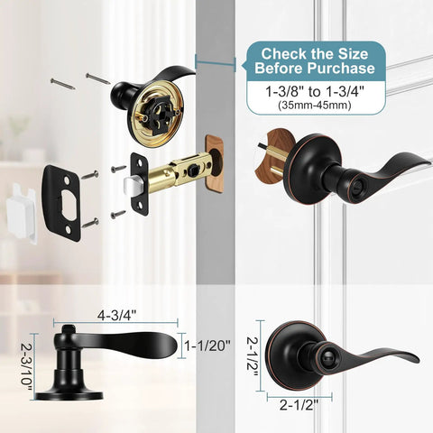 Heavy Duty Privacy Door Knobs 6 Pack In Oil Rubbed Bronze Wave Style Zinc Alloy Reversible Interior Door Levers detailed dimensions and parts