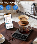 Pour-over coffee brewing on Food Kitchen Scale With Nutritional Calculator And 30 Plus Nutrients Tracked, smartphone app shown.