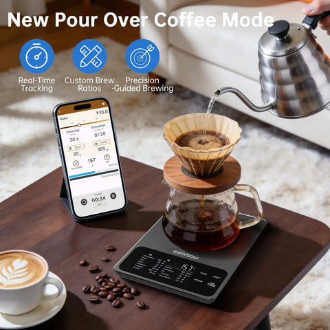 Pour-over coffee brewing on Food Kitchen Scale With Nutritional Calculator And 30 Plus Nutrients Tracked, smartphone app shown.