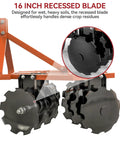 Close-up of 5 ft notched disc harrow plow for Category 0 and 1 tractors with 16-inch recessed blade, heavy-duty soil breaker 