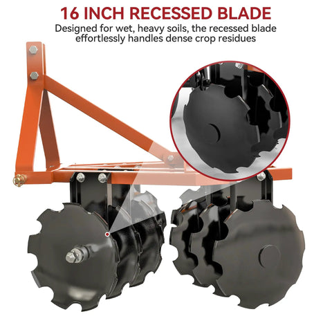 Close-up of 5 ft notched disc harrow plow for Category 0 and 1 tractors with 16-inch recessed blade, heavy-duty soil breaker 