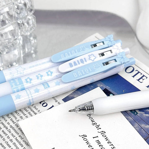 Four Pack Cute Retractable Gel Pens Blue Star 0.5mm Fine Point Black Ink Smooth Writing for Journaling on note paper