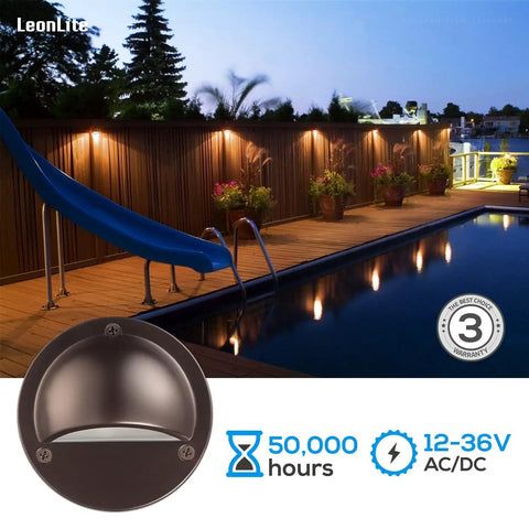 Low Voltage LED Deck Lights Set For Outdoors, 170 Lumen 4.09 Inch Landscape Step Rail Fence Lighting, 12 To 36V AC DC, Die Cast Aluminum Housing With Frosted Glass Lens, UL Listed Cord, Brown Finish, 3000K Warm White, 6 Pack