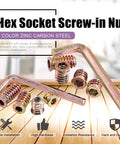 122 Piece Wood Insert Nut Kit Zinc Plated Carbon Steel Hex Socket Threaded Wood Inserts and hex wrenches on wood surface