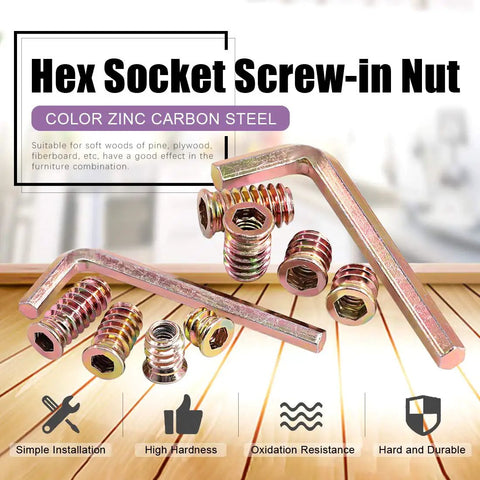 122 Piece Wood Insert Nut Kit Zinc Plated Carbon Steel Hex Socket Threaded Wood Inserts and hex wrenches on wood surface