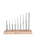 Roll Pin Punch Set With Steel Center Punch And Nail Punch In Beech Block Case, Handy Vanadium Steel Punch Tools on display in beech case.