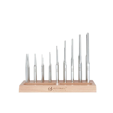Roll Pin Punch Set With Steel Center Punch And Nail Punch In Beech Block Case, Handy Vanadium Steel Punch Tools on display in beech case.