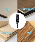 Ditch The Shaker And Get Flawless Flush Trim Cuts With This Zero Deviation 1/2 Inch Shank Carbide Bit displayed with MDF, HDF, Particleboard, and Plywood.