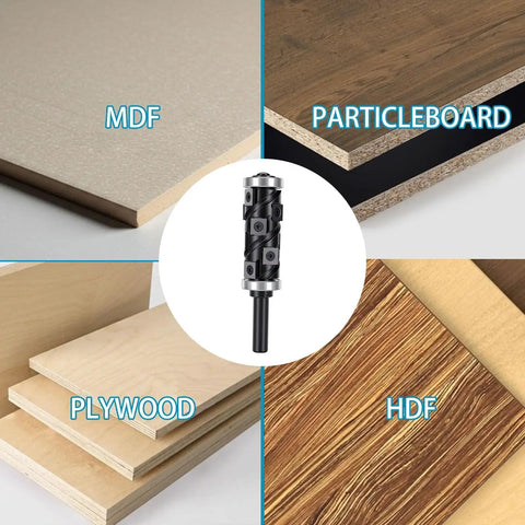 Ditch The Shaker And Get Flawless Flush Trim Cuts With This Zero Deviation 1/2 Inch Shank Carbide Bit displayed with MDF, HDF, Particleboard, and Plywood.