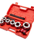 Open red case with Pipe Threader Kit With 6 Dies 1/4, 3/8, 1/2, 3/4, 1, 1-1/4 Inch Manual Ratcheting Threading Tool Set, visible dies and handle