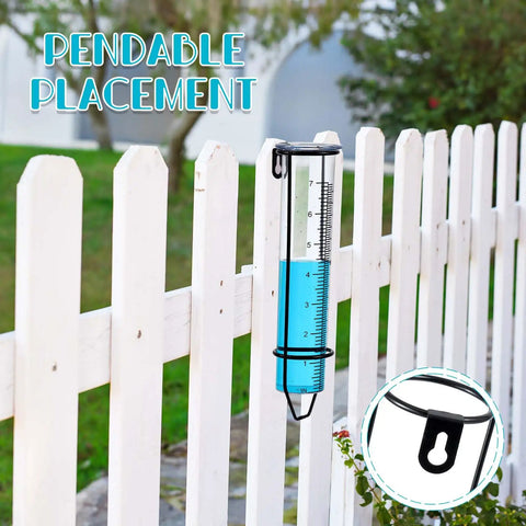 Beefy Clamp On Rain Gauge For Outdoor Use With Large Capacity Clear Scale Rust Proof Metal And Adjustable Height Great For Garden Yard Lawn Patio Farm Fence Rails Rain Meter on white fence