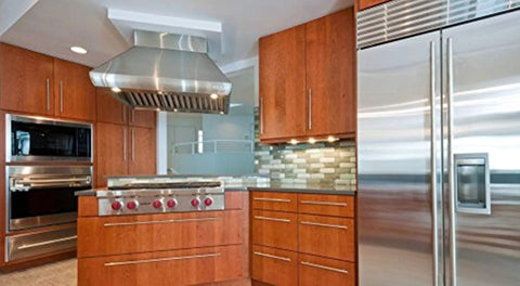 Modern kitchen with stainless steel appliances and wooden cabinets featuring 12mm Diameter Brushed Stainless Steel T Bar Cabinet Handles Hollow Pulls.