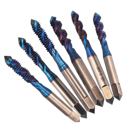 Spiral Flute Tap Set 6-Piece SAE Thread Tapping Kit For Metal Wood And Plastic with blue HSS spiral flute design.