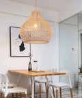 White Rattan Pendant Light For Kitchen Island And Living Room, Coastal Round Wicker Chandelier over dining table