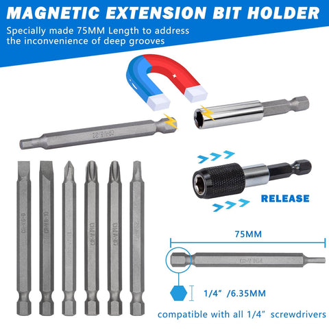 Magnetic extension bit holder from Heavy Duty 208 Piece Screwdriver Bit Set With One Quarter Inch Hex Shank Chrome Vanadium Steel Bits