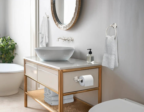 Tavern Wall Mounted Toilet Paper Holder In Polished Nickel Finish Euro Style Zinc Bath Accessory in a bathroom setting.