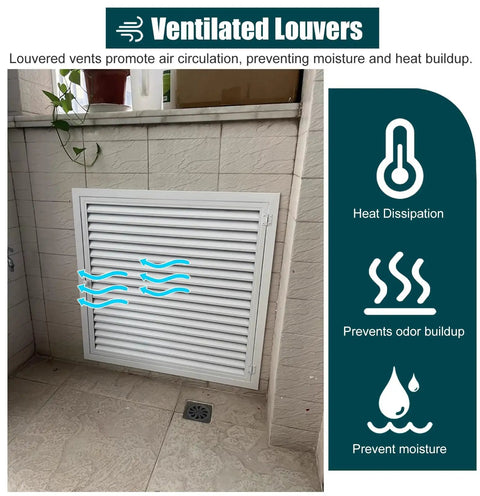 Slick White Louvered Air Vent Access Panel For Drywall And Kitchen Heavy Duty Metal Inspection Hatch installed in a wall.