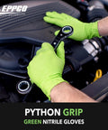 Top Shelf 6 Mil Nitrile Disposable Gloves With Ridged Grip For Mechanics Car Guys And Industrial Pros Powder Free Latex Free Tough As Nails Texture In Bright Lime Green X Large Case Of 900 Bad Boy Vibes, shown in use while working on a car engine.