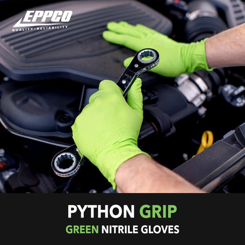 Top Shelf 6 Mil Nitrile Disposable Gloves With Ridged Grip For Mechanics Car Guys And Industrial Pros Powder Free Latex Free Tough As Nails Texture In Bright Lime Green X Large Case Of 900 Bad Boy Vibes, shown in use while working on a car engine.