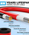 Cross-section view of 10 AWG Solar Wire 50 Foot Tinned Copper PV Cable Set, showing red and black leads with labeled components.