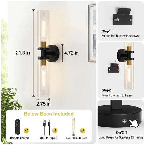 Battery Operated Wall Sconces Set of Two, Black and Gold Wall Light fixtures with Wireless Remote Control, 21.3" height.