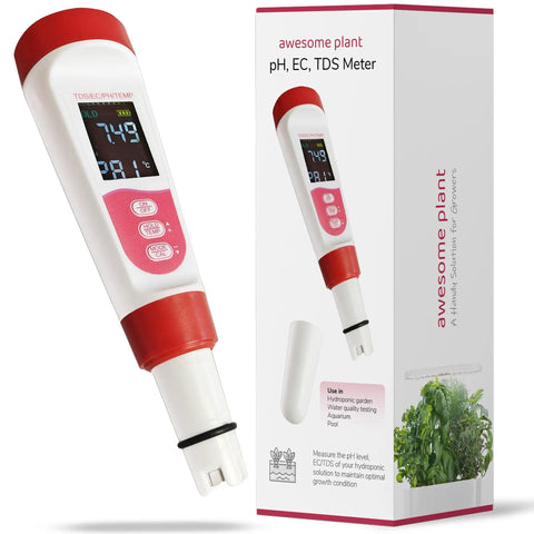 4 In 1 PH TDS EC Meter For Hydroponics And Indoor Gardens Digital Water Tester next to packaging box