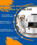 Small dog sitting next to a modern white pet feeder with kibble, featuring text about pet comfort, mobility, and safety.