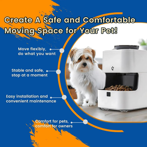 Small dog sitting next to a modern white pet feeder with kibble, featuring text about pet comfort, mobility, and safety.