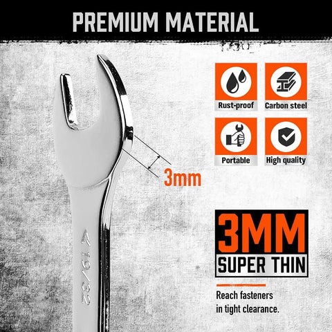 Slick Slim SAE Open End Wrench Set 9 Piece From One Quarter Inch To One Inch, Ultra Thin Chrome Vanadium Steel, 3mm thickness