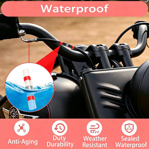 Heavy Duty 100 Piece Pack Of Red Solder Seal Wire Connectors For 22 18 AWG Cables With Built In Solder Ring And Heat Shrink Seal visible on motorcycle handlebar.