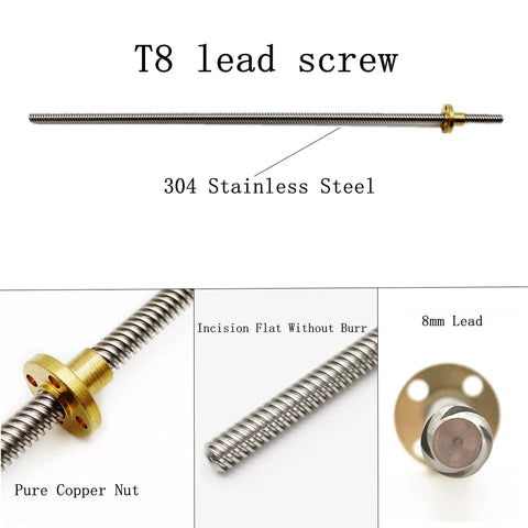 Heavy Duty Tr8X8 Lead Screw Plus T8 Brass Nut Bundle For Ender 3 3D Printer Z Axis shows 304 stainless steel screw and brass nut.