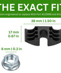 Heavy Duty Replacement Crescent Nut And Small Nut Pack Of Four Exact Fit Spare Hardware For Bed Frame Console Desk And Everyday Home Project Quick Swap Fix, showing black plastic nut and zinc plated steel nut.
