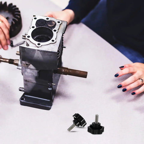 Four Pack Top Shelf M10X25MM Star Clamping Knobs With 38Mm Plastic Handles For Industrial Machinery and Tooling Applications featuring quick adjustments beside engine component.