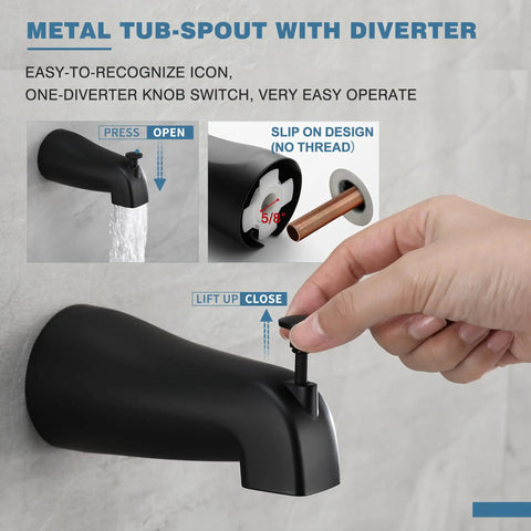 Single-Handle Tub And Shower Faucet Set With Valve, 6-Inch Rain Shower Head And Tub Spout, Matte Black Finish, tub spout close-up