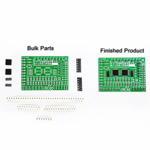 Hands On SMD Practice Kit For Soldering Skills And SMT Projects, DIY Electronics Training Board comparison with parts and finished product
