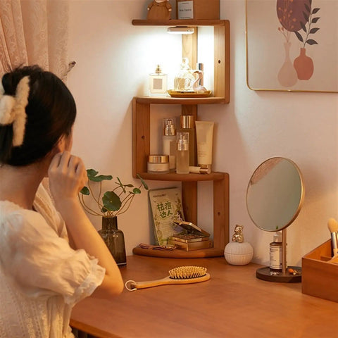 Solid Wood Corner Shelf For Desktop And Wall Mount Triangle Log Countertop Storage Space Saving Floating Bookshelf in use
