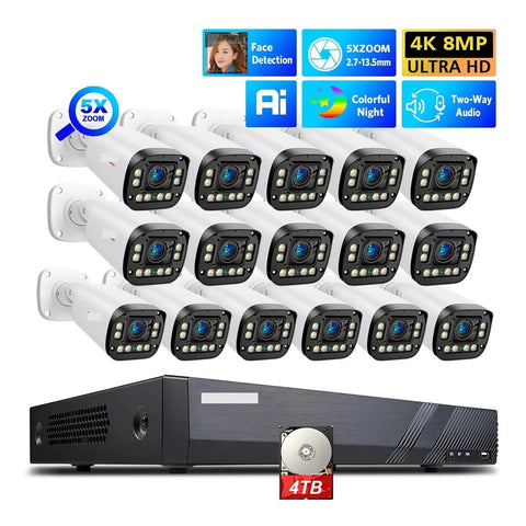 Heavy Duty 16 Channel 4K Security Camera With Motorized Zoom Lens And Zero Lux Exir Night Vision AI Autofocus For A Smooth Operator Ready To Roll Tonight, showing 16 cameras and DVR.