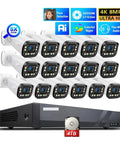 Beastly 16Ch 4K Security Camera With 5X Optical Zoom And AI Autofocus, featuring 8 white cameras and a black recorder with 4TB storage.