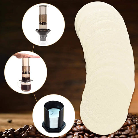 500 Pieces Replacement Paper Filters For Aeropress Coffee Makers Round Two Point Five Inch Disposable Unbleached Paper Filters For Espresso And Everyday Brew Sessions with images of filters and Aeropress components