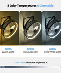 20-Inch Wall Mounted Fan With Lights, 3CCT Dimmable, 360 Degree Tilt, displaying warm, neutral, and cool white light options.