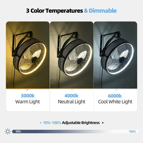 20-Inch Wall Mounted Fan With Lights, 3CCT Dimmable, 360 Degree Tilt, displaying warm, neutral, and cool white light options.