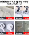 Before and after images showing effects of 16 Oz AB Metal Epoxy Putty For Fast Underwater Repairs on sink and pipe cracks.