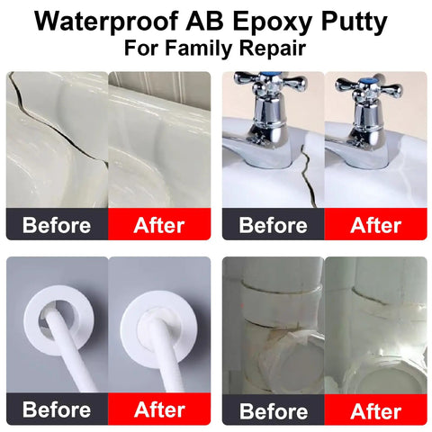 Before and after images showing effects of 16 Oz AB Metal Epoxy Putty For Fast Underwater Repairs on sink and pipe cracks.