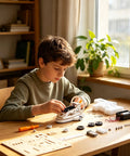 Child assembling Wooden Vehicle Model Kit For Hands On Mechanical Engineering Fans A Precision Parts Assembly Set on table